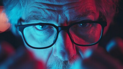 Poster - Senior man wearing glasses looking seriously at computer screen in neon lighting