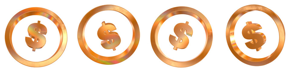 Poster - Set of 4 3d dollar coin outline shapes with golden and rainbow effects isolated on a transparent background. 3d elements for graphic design.