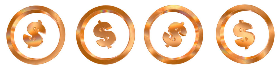 Poster - Set of 4 3d dollar coin outline shapes with golden and rainbow effects isolated on a transparent background. 3d elements for graphic design.