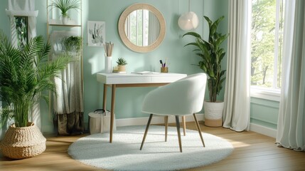 Sticker - A relaxing home office with mint green walls, a white desk, and indoor plants for a fresh vibe.