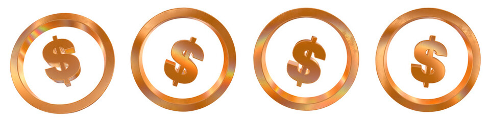 Poster - Set of 4 3d dollar coin outline shapes with golden and rainbow effects isolated on a transparent background. 3d elements for graphic design.