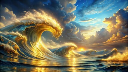 Wall Mural - Fantastical gold waves crash against a dreamy blue horizon with swirling clouds and abstract shapes in a mesmerizing dance, abstract art, abstract waves