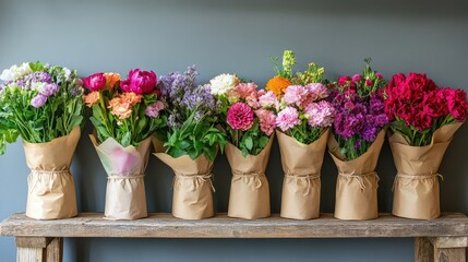 Poster - A charming flower stand with fresh seasonal bouquets wrapped in kraft paper and wooden signage. Copy space.
