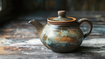 Poster - A close-up of a handmade clay teapot with a rustic ceramic glaze. Copy space.