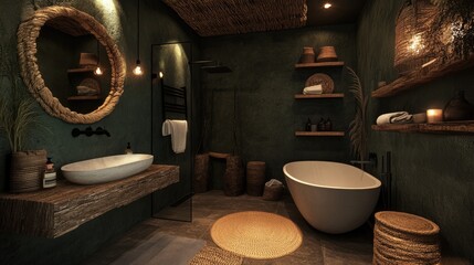 Sticker - A tranquil bathroom with dark green textured walls, soft lighting, and rustic wooden shelves.