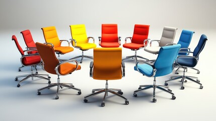 Poster - A collection of office chairs arranged in a circle, symbolizing equality and teamwork. Copy space.