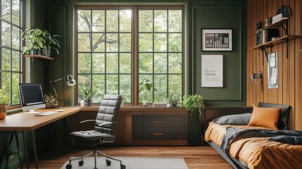 Sticker - A trendy and modern loft with muted green walls, sleek wooden decor, and cozy textiles.