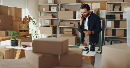 Poster - Man, talk and phone call on tablet at warehouse of stock inventory, online order and negotiation. Person, mobile and discussion of ecommerce deal for supply chain, logistic checklist and distribution