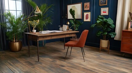 Sticker - A warm and inviting office with dark blue walls, a wooden work table, and indoor plants.