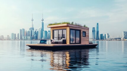 Poster - A digital business hub on a houseboat, with a laptop, wireless mouse, and city skyline reflection. Copy space.