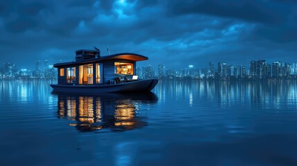 Poster - A digital business hub on a houseboat, with a laptop, wireless mouse, and city skyline reflection. Copy space.
