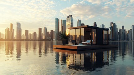 Poster - A digital business hub on a houseboat, with a laptop, wireless mouse, and city skyline reflection. Copy space.