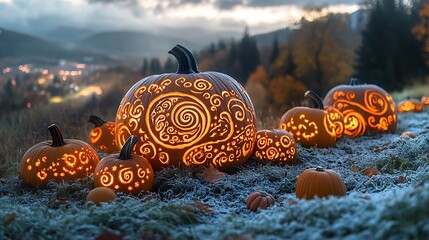 a pumpkin patch with vines that twist into intricate swirling patterns under a mystical glow