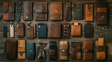 Poster - A flat lay of handmade leather wallets, keychains, and belts displayed on a rustic wooden surface with earthy tones. Copy space.