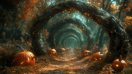 a pumpkin patch with vines that twist into intricate swirling patterns under a mystical glow