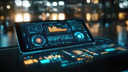 Poster - A futuristic holographic business dashboard displayed on a smart tablet in a modern setting. Copy space.