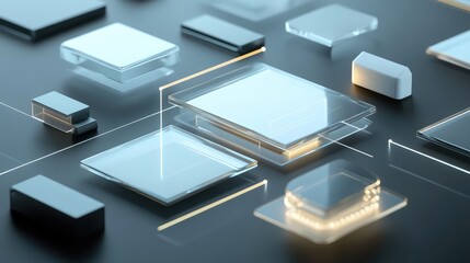 Poster - a futuristic product design concept with transparent surfaces, digital elements, and sleek geometry.