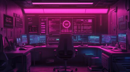 Poster - A futuristic workspace with artificial intelligence-driven business analytics on digital monitors. Copy space.