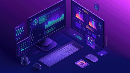 Poster - A futuristic workspace with artificial intelligence-driven business analytics on digital monitors. Copy space.