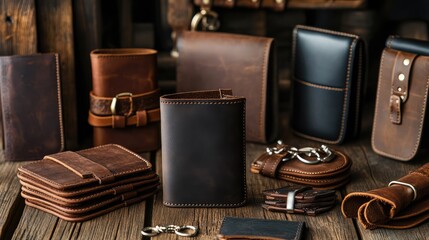 Poster - A handcrafted leather goods display featuring wallets, belts, and keychains on a rustic table. Copy space.