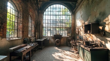 Poster - a historic blacksmith workshop with iron tools, a forge, and handcrafted metalwork. copy space.