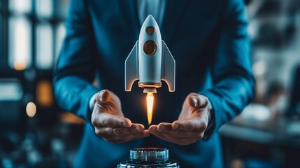 Poster - Businessman launching rocket startup business concept
