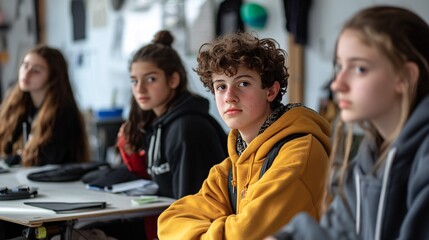 Poster - Group of high school students sitting at desk in classroom listening to teacher