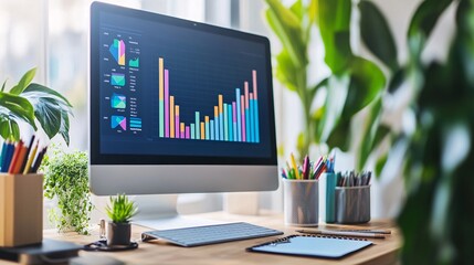 Aufkleber - Modern workplace featuring a desktop showing charts and data visualizations