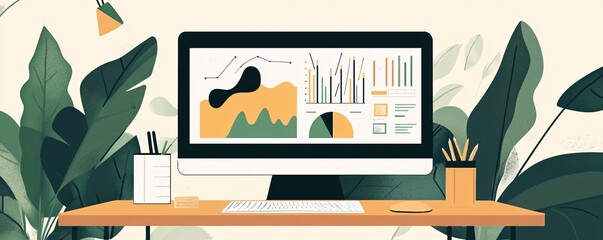 Poster - Modern workplace showing financial data on computer screen surrounded by plants