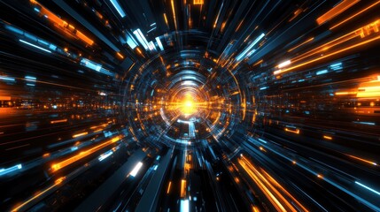 Wall Mural - Futuristic tunnel, digital light streaks, warp speed, background glow, sci-fi concept