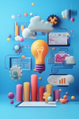 Poster - Light bulb floating among business charts and data visualizations on blue background