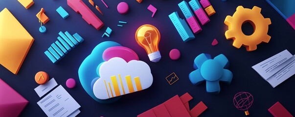 Aufkleber - Cloud computing concept with glowing light bulb and colorful charts and gears