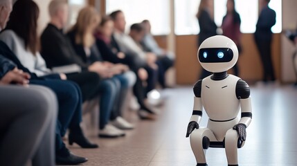 Leinwandbilder - Humanoid robot sitting down waiting with people in a hallway