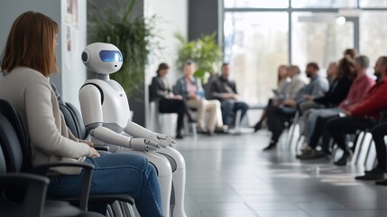 Poster - Humanoid robot sitting in waiting room full of people