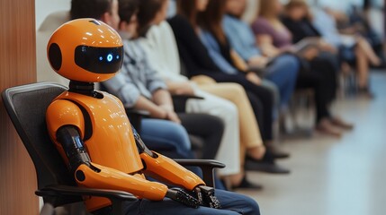 Leinwandbilder - Orange robot sitting in waiting area with people