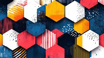 Poster - A vibrant pattern featuring colorful hexagons in red, blue, yellow, and white, creating a dynamic, geometric artwork with various textures and designs.