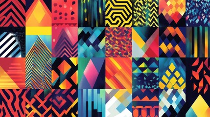 Poster - A vibrant collage of geometric patterns in bold colors, showcasing a mix of shapes and designs that create a dynamic visual experience.