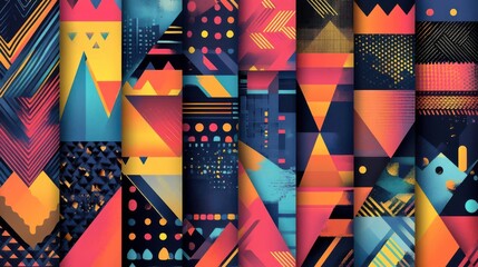 Poster - A vibrant collage of geometric shapes and patterns featuring bold colors and dynamic designs.