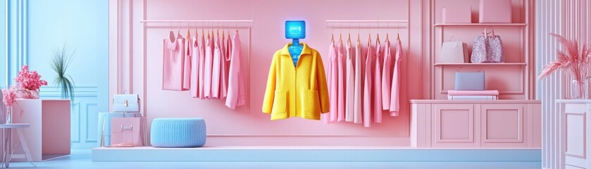Poster - A vibrant display of clothing in a pastel-themed boutique featuring a yellow jacket and pink garments hanging against a colorful backdrop.