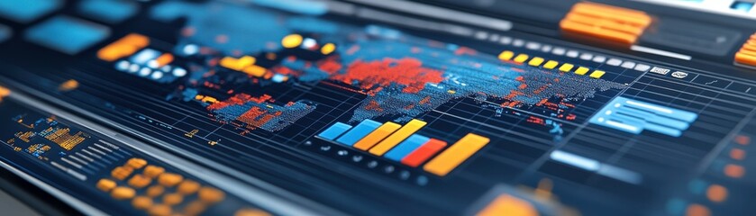 Poster - A vibrant data visualization featuring global maps, charts, and graphs, depicting trends and statistics in an engaging digital interface.