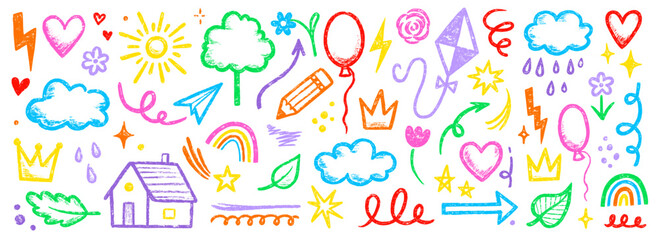 Leinwandbilder - Kid crayon chalk line cloud, flower children element set. Hand drawn crayon doodle sketch childish element set. Chalk heart, cloud, flower color cute design element background. Vector illustration