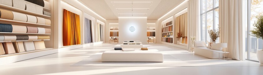 Poster - A bright, spacious interior showcasing elegant furnishings, soft colors, and natural light, creating an inviting atmosphere for relaxation or shopping.