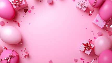 Sticker - 3D rendering of a pink background with balloons and gift boxes for a birthday party or Valentine's Day celebration banner, greeting card design.