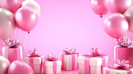 Sticker - 3D rendering of a pink background with balloons and gift boxes for a birthday party or Valentine's Day celebration banner, greeting card design.