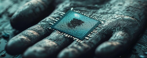 Leinwandbilder - Cpu showing a fingerprint scan on a stone hand symbolizing ai