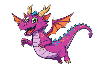 Cartoon Pictures of Dragon. A cute purple dragon with green eyes, orange wings, and blue spikes. Vector illustration design.