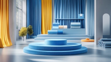 Poster - A modern, stylish interior featuring blue and yellow curtains, circular platforms, and cushions, creating a vibrant and inviting atmosphere.