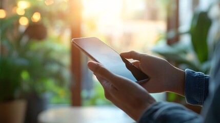 Poster - Woman holding smartphone with empty screen in cafe