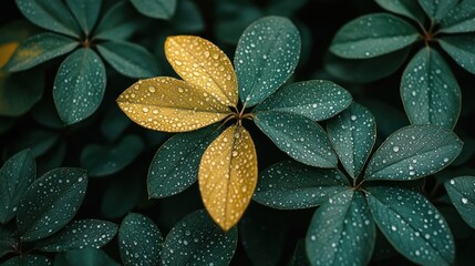 Sticker - Dew-kissed yellow leaf amongst green foliage