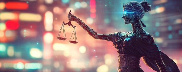 Poster - Artificial intelligence lady justice holding scales of justice in futuristic city